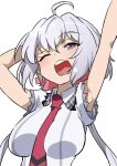  1girl ahoge arm_behind_head arms_up bangs chupirinko collared_shirt commentary eyebrows_visible_through_hair grey_shirt half-closed_eye long_hair looking_at_viewer low_twintails lydian_academy_uniform necktie one_eye_closed open_mouth red_neckwear school_uniform senki_zesshou_symphogear shirt short_sleeves silver_hair simple_background solo stretch twintails upper_body violet_eyes white_background yawning yukine_chris 