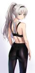  1girl an-94_(girls_frontline) aqua_eyes ass bangs bare_arms black_pants braid closed_mouth eyebrows_visible_through_hair from_behind girls_frontline hairband high_ponytail highres long_hair looking_at_viewer looking_back niac pants silver_hair solo 
