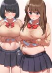  2girls :o arms_under_breasts bangs black_hair black_skirt blue_eyes blush bow bowtie breasts brown_hair closed_eyes collarbone commentary_request cowboy_shot eyebrows_visible_through_hair fang grin kaisen_chuui large_breasts long_hair long_sleeves midriff miniskirt multiple_girls navel open_mouth original panties pleated_skirt plump red_neckwear school_uniform shirt shirt_lift short_hair side-tie_panties simple_background skirt smile stomach sweatdrop translation_request underwear weight_conscious white_background white_shirt 