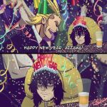  1girl 2boys aizawa_shouta all_might bags_under_eyes black_eyes black_hair blonde_hair boku_no_hero_academia closed_mouth confetti cup facial_hair hachuart happy_new_year long_hair male_focus mount_lady multiple_boys new_year open_mouth scar scar_on_face smile unamused 