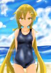  1girl arms_behind_back ass_visible_through_thighs beach blonde_hair blue_sky blue_swimsuit breasts clouds collarbone covered_navel cowboy_shot crescent crescent_hair_ornament day etsuransha_no_rei eyebrows_visible_through_hair hair_between_eyes hair_ornament highres kantai_collection long_hair looking_at_viewer low_twintails lying ocean old_school_swimsuit one-piece_swimsuit outdoors sand satsuki_(kantai_collection) school_swimsuit sky small_breasts solo swimsuit thighs twintails 