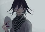  1boy :d bangs black_hair checkered checkered_neckwear checkered_scarf commentary_request crazy_eyes dangan_ronpa_(series) dangan_ronpa_v3:_killing_harmony grey_background hair_between_eyes highres holding holding_mask iumi_urura jacket long_sleeves looking_at_viewer male_focus mask mask_removed open_mouth ouma_kokichi purple_hair scarf short_hair simple_background smile solo staring straitjacket upper_body upper_teeth violet_eyes 