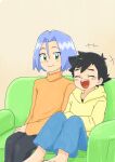  2boys ash_ketchum black_hair blue_hair green_eyes highres james_(pokemon) laughing multiple_boys pokemon pokemon_(anime) shiroi_neko_(shiroi_neko) smile 