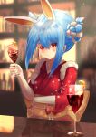  1girl absurdres alternate_costume alternate_hairstyle animal_ears bar blue_hair blurry blurry_background blush commentary_request cup drinking_glass food fruit highres hololive japanese_clothes kimono lemon lemon_slice looking_at_viewer pov rabbit_ears smile solo table thick_eyebrows usada_pekora user_xkrz3475 virtual_youtuber wine_glass 