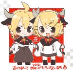  1boy 1girl 2021 akeome animal_ears bangs bell black_capelet black_hakama blonde_hair blush_stickers bow bowtie capelet chibi chinese_zodiac commentary cow_ears cow_horns cow_tail hair_ornament hairclip hakama hakama_skirt happy_new_year holding_hands horns japanese_clothes kagamine_len kagamine_rin looking_at_viewer miniskirt najo neck_bell nengajou new_year open_mouth red_neckwear shide short_hair skirt smile spiky_hair swept_bangs tail vocaloid year_of_the_ox yellow_eyes 