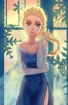  1girl backlighting bare_shoulders blonde_hair blue_dress braid dress elsa_(frozen) frozen_(disney) hai_oukami highres lipstick makeup red_lipstick side_slit single_braid smile window 