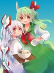  2girls blue_background bow bowl dress ex-keine food fried_egg fujiwara_no_mokou green_hair hair_bow highres horn_bow horns kamishirasawa_keine long_hair long_sleeves looking_at_viewer multiple_girls open_mouth red_eyes shukinuko silver_hair simple_background smile soup tail touhou tray very_long_hair 