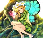  1girl blonde_hair braid butterfly_wings crystal fairy fern flower hair_flower hair_ornament kaworu looking_at_viewer mercedes nature odin_sphere orange_eyes outdoors plant pointy_ears puff_and_slash_sleeves puffy_sleeves roots shiny smile solo tree twin_braids vines wings 