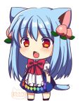  1girl animal_ears blue_hair blush bow cat_ears cat_tail chestnut_mouth chibi fang food fruit hair_ornament hinanawi_tenshi kemonomimi_mode long_hair matatabi_maru no_hat no_headwear open_mouth peach puffy_sleeves red_eyes shirt short_sleeves simple_background skirt solo tail touhou white_background 