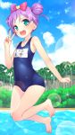  1girl ahoge bow double_bun flat_chest green_eyes hair_bow heart highres manaka_lala one-piece_swimsuit open_mouth palm_tree puri_para purple_hair school_swimsuit short_hair solo swimsuit tree urepito_honke v 