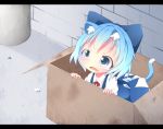  1girl akisha animal_ears blue_dress blue_eyes blue_hair bow box cardboard_box cat_ears cat_tail chibi cirno dress for_adoption hair_bow ice ice_wings kemonomimi_mode letterboxed open_mouth solo tail tears touhou wavy_mouth wings 