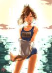  1girl abo_(hechouchou) artist_name bare_shoulders brown_hair closed_eyes glowing highres i-401_(kantai_collection) kantai_collection one-piece_swimsuit personification ponytail school_swimsuit school_uniform short_hair short_ponytail sky smile solo swimsuit tan water 