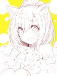  1girl :3 akane_(naomi) animal_ears bare_shoulders bath bathing blush bubble bubble_bath fox fox_ears hair_up knees_up monochrome naomi_(sekai_no_hate_no_kissaten) open_mouth original rubber_duck simple_background smile solo yellow_background 