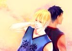  2boys aomine_daiki basketball_uniform blonde_hair blue_hair dark_skin kise_ryouta kuroko_no_basuke kuroko_tetsuya lammmbda multiple_boys sportswear yellow_eyes 