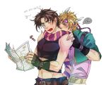  2boys blonde_hair blue_eyes caesar_anthonio_zeppeli facial_mark feathers fingerless_gloves gloves green_eyes headband inuheri jojo_no_kimyou_na_bouken joseph_joestar_(young) map midriff multiple_boys scarf 