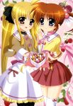  2girls absurdres blonde_hair blue_eyes brown_hair casual cherry chocolate fate_testarossa food fruit hands_together highres legs long_hair lyrical_nanoha mahou_shoujo_lyrical_nanoha multiple_girls nyantype official_art outstretched_arm pantyhose ponytail raspberry red_eyes ribbon short_hair short_twintails smile takamachi_nanoha thighhighs twintails valentine very_long_hair white_legwear zettai_ryouiki 