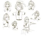  1girl blush bust censored character_sheet closed_eyes expressions hat kawashina_(momen_silicon) looking_at_viewer middle_finger monochrome open_mouth outstretched_arms pointy_ears shameimaru_aya short_hair simple_background sitting smile solo tokin_hat touhou white_background 