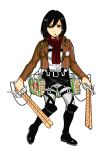  1girl belt black_hair boots cropped_jacket food food_in_mouth food_themed_clothes full_body grey_eyes jacket joey_joey_joey knee_boots long_sleeves looking_at_viewer mikasa_ackerman pocky scarf shingeki_no_kyojin short_hair snack standing thigh_strap three-dimensional_maneuver_gear white_background 