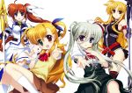  4girls absurdres ahoge blue_eyes blush brown_hair dress einhart_stratos fate_testarossa fujima_takuya garters gloves grey_hair hand_on_own_chest happy heterochromia highres lyrical_nanoha mahou_shoujo_lyrical_nanoha_vivid multiple_girls red_eyes ribbon school_uniform skirt takamachi_nanoha thigh-highs twintails vivio 