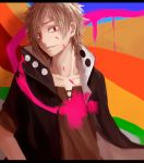  1boy brown_hair highres hoodie kagerou_project kano_(kagerou_project) paint red_eyes ri-rihoo short_hair smirk solo 