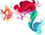 1girl ariel_(disney) blue_eyes bubble crossover fish kuitsuku lips long_hair looking_at_another magikarp mermaid monster_girl open_mouth pointing pokemon pokemon_(creature) redhead shell shell_bikini simple_background the_little_mermaid transparent_background 