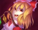  1girl :d blonde_hair crystal fang flandre_scarlet glowing glowing_eyes looking_at_viewer looking_back minarai_shachou open_mouth red_eyes side_ponytail smile solo touhou wings 