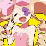  1girl ayu_(iyokanya) bare_shoulders blonde_hair bow breasts cleavage closed_eyes dress drill_hair earrings eyepatch hair_bow harime_nui heart jewelry kill_la_kill long_hair open_mouth pink_dress smile solo strapless_dress twin_drills twintails wrist_cuffs yellow_background 