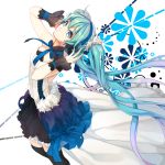  1girl aqua_eyes aqua_hair bare_shoulders black_legwear blue_eyes blue_hair corsage hands_on_headphones hatsune_miku headphones iso1206 long_hair ribbon_choker scrunchie skirt solo thighhighs twintails very_long_hair vocaloid wrist_cuffs zettai_ryouiki 