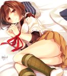  1girl brown_eyes brown_hair hands_tied hyuuga_(kantai_collection) japanese_clothes kantai_collection looking_at_viewer lying on_bed on_side personification pillow pleated_skirt ribbon_trim short_hair signature skirt solo tied_up toosaka_asagi 
