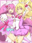  2girls :d aida_mana antenna_hair asymmetrical_clothes bike_shorts blonde_hair boots bowtie brooch choker color_connection cosplay costume_switch cure_happy cure_happy_(cosplay) cure_heart cure_heart_(cosplay) dokidoki!_precure dress earrings hair_flip hair_ornament half_updo head_wings heart hoshizora_miyuki jewelry kasetsu long_hair magical_girl multiple_girls open_mouth pink pink_dress pink_eyes pink_hair precure ribbon shorts_under_skirt skirt smile smile_precure! tiara twintails wrist_cuffs 