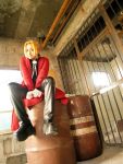  blonde_hair boots cosplay edward_elric fullmetal_alchemist overcoat photo rui_(model) 