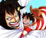  2boys black_hair caesar_clown earmuffs hat jacket marker_(medium) monkey_d_luffy monster_boy multiple_boys one_piece straw_hat striped_clothes takatin traditional_media 