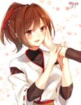 1girl :d brown_eyes brown_hair flower hand_on_another&#039;s_cheek hand_on_another&#039;s_face ise_(kantai_collection) japanese_clothes kantai_collection open_mouth ponytail ribbon-trimmed_sleeves ribbon_trim short_hair signature simple_background smile solo_focus toosaka_asagi white_background 