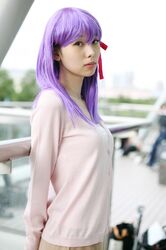  camisole cardigan cosplay fate/stay_night hair_ribbons matou_sakura minato_misa photo purple_hair skirt 