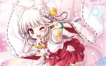  1girl ;d animal_ears bekkankou bell breasts detached_sleeves fang fox_ears fox_tail grey_hair hair_bell hair_ornament highres japanese_clothes miko multiple_tails nontraditional_miko open_mouth ribbon-trimmed_legwear ribbon-trimmed_sleeves ribbon_trim skirt smile tail thighhighs v violet_eyes wallpaper white_legwear wink 