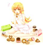  1girl barefoot blonde_hair doughnut dress fang long_hair monogatari_(series) nisemonogatari oshino_shinobu sotogawa_max yellow_eyes 