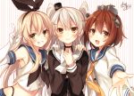  3girls :d amatsukaze_(kantai_collection) black_panties blonde_hair blush brown_eyes brown_hair elbow_gloves girl_sandwich gloves grin hand_on_another&#039;s_shoulder kantai_collection long_hair looking_at_viewer midriff multiple_girls open_mouth outstretched_hand panties personification sandwiched shimakaze_(kantai_collection) short_hair signature silver_hair simple_background smile striped striped_background thigh-highs toosaka_asagi twintails underwear v white_background yukikaze_(kantai_collection) 
