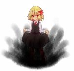  1girl blonde_hair blouse child darkness dress dress_lift necktie red_eyes ribbon rumia short_hair simple_background smile touhou vest white_background 