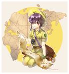  1girl belt binoculars black_hair boots bracelet compass hat jewelry map original payot putao red_eyes short_hair sitting sleeves_rolled_up smile solo suitcase uniform wariza wristband 