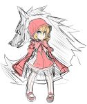  1girl big_bad_wolf_(grimm) blonde_hair blue_eyes bow cape dress grimm&#039;s_fairy_tales highres hood little_red_riding_hood little_red_riding_hood_(grimm) long_hair maniacpaint mary_janes pantyhose pigeon-toed rough shoes smile solo_focus wolf 