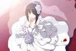  1girl alternate_hairstyle bare_shoulders black_hair bouquet breasts cleavage collarbone cross date_a_live dress flower hair_ornament highres looking_at_viewer open_mouth petals red_eyes rose see-through short_hair solo star tokisaki_kurumi uiu veil wedding_dress 