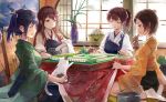  4girls akagi_(kantai_collection) black_hair blue_hair blush board_game breasts brown_eyes brown_hair bucket cat closed_eyes hiryuu_(kantai_collection) japanese_clothes kaga_(kantai_collection) kantai_collection kotatsu long_hair long_sleeves mahjong mahjong_tile multiple_girls muneate oil_can open_mouth personification ribbon short_hair side_ponytail sitting skirt smile souryuu_(kantai_collection) spark_(sandro) table twintails 