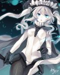  1girl black_gloves blue_eyes bodysuit cape gloves glowing glowing_eyes kantai_collection long_hair looking_at_viewer pale_skin personification shinkaisei-kan signature silver_hair solo staff toosaka_asagi wo-class_aircraft_carrier 