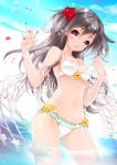  1girl bare_shoulders bikini black_hair flower frilled_bikini frills hair_flower hair_ornament juna long_hair looking_at_viewer navel ocean open_mouth original partially_submerged solo swimsuit water 