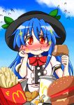  1girl :t blue_hair blue_sky blush bow chicken_(food) clouds dress eating flying_sweatdrops food french_fries hamburger hand_on_own_cheek hat hinanawi_tenshi leaf long_hair looking_at_viewer mcdonald&#039;s red_eyes rindou_(p41neko) short_sleeves sky solo sparkle touhou wavy_mouth 