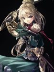  1girl armor arms_up blonde_hair cape dress geppewi gloves long_hair looking_at_viewer original ponytail red_eyes scabbard sheath solo sword weapon 