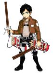  1boy belt black_hair boots cropped_jacket eren_jaeger food food_in_mouth food_themed_clothes full_body green_eyes jacket joey_joey_joey knee_boots long_sleeves looking_at_viewer male pocky shingeki_no_kyojin short_hair snack standing thigh_strap three-dimensional_maneuver_gear white_background 