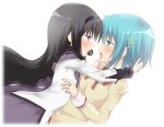  2girls akemi_homura black_hair blue_eyes blue_hair eye_contact finger_in_mouth grief_seed hair_ornament hairband hairclip long_hair looking_at_another magical_girl mahou_shoujo_madoka_magica miki_sayaka misfit_funny mouth_hold multiple_girls short_hair simple_background tongue tongue_out violet_eyes white_background yuri 