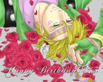  1boy blonde_hair caesar_anthonio_zeppeli facial_mark feathers fingerless_gloves flower gloves green_eyes green_jacket headband jacket kock_k petals rose solo 