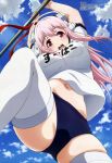  1girl :d absurdres breasts buruma gym_uniform hair_ribbon headphones highres horizontal_bar long_hair megami midriff navel nitroplus official_art open_mouth pink_eyes pink_hair ribbon sky smile solo soniani super_sonico tamura_masafumi thighhighs under_boob white_legwear 